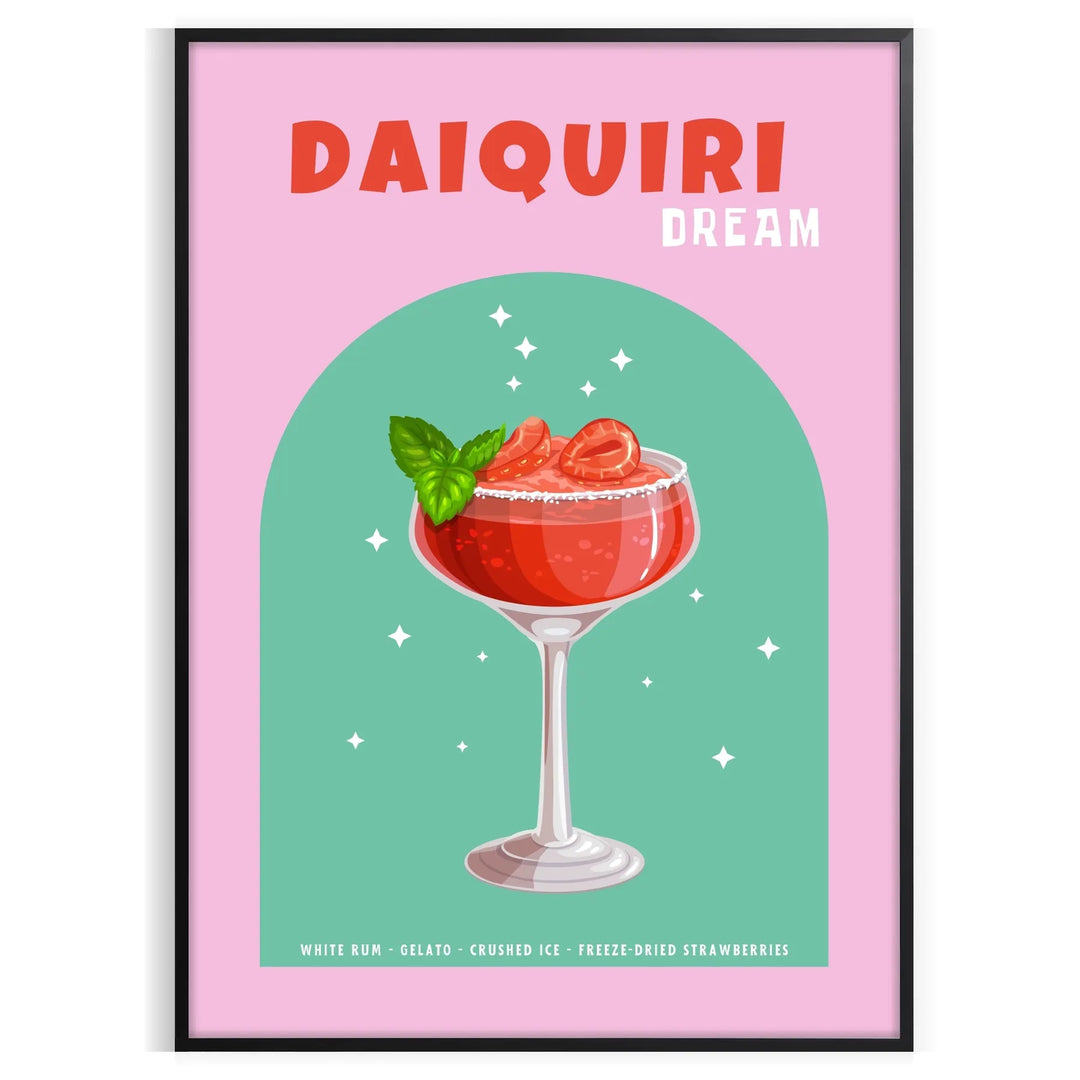 A colorful illustration of a daiquiri cocktail with green and orange hues