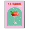 Uma ilustração colorida de um coquetel daiquiri com tons verdes e laranjas - numa moldura preta
