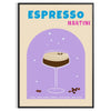 Eine ausdrucksstarke Illustration eines Espresso Martini Cocktails in blauen und lila Tönen - in einem schwarzen Rahmen