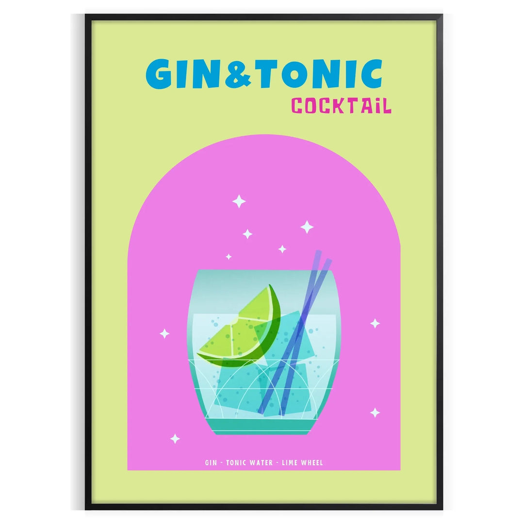 A gin and tonic cocktail in a glass with green and blue hues