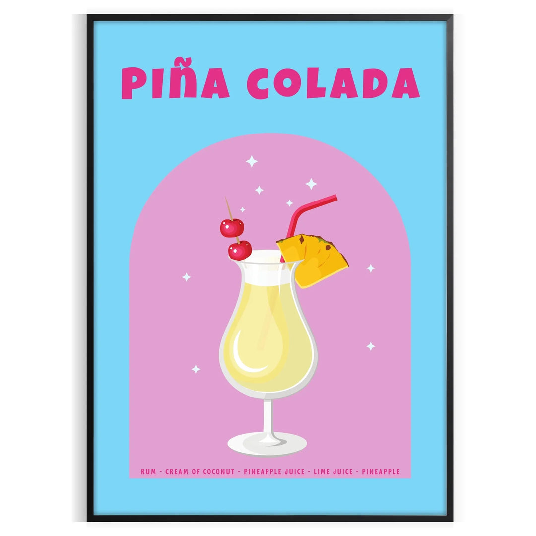 Illustration of a Piña Colada cocktail with tropical elements and warm brown-orange tones