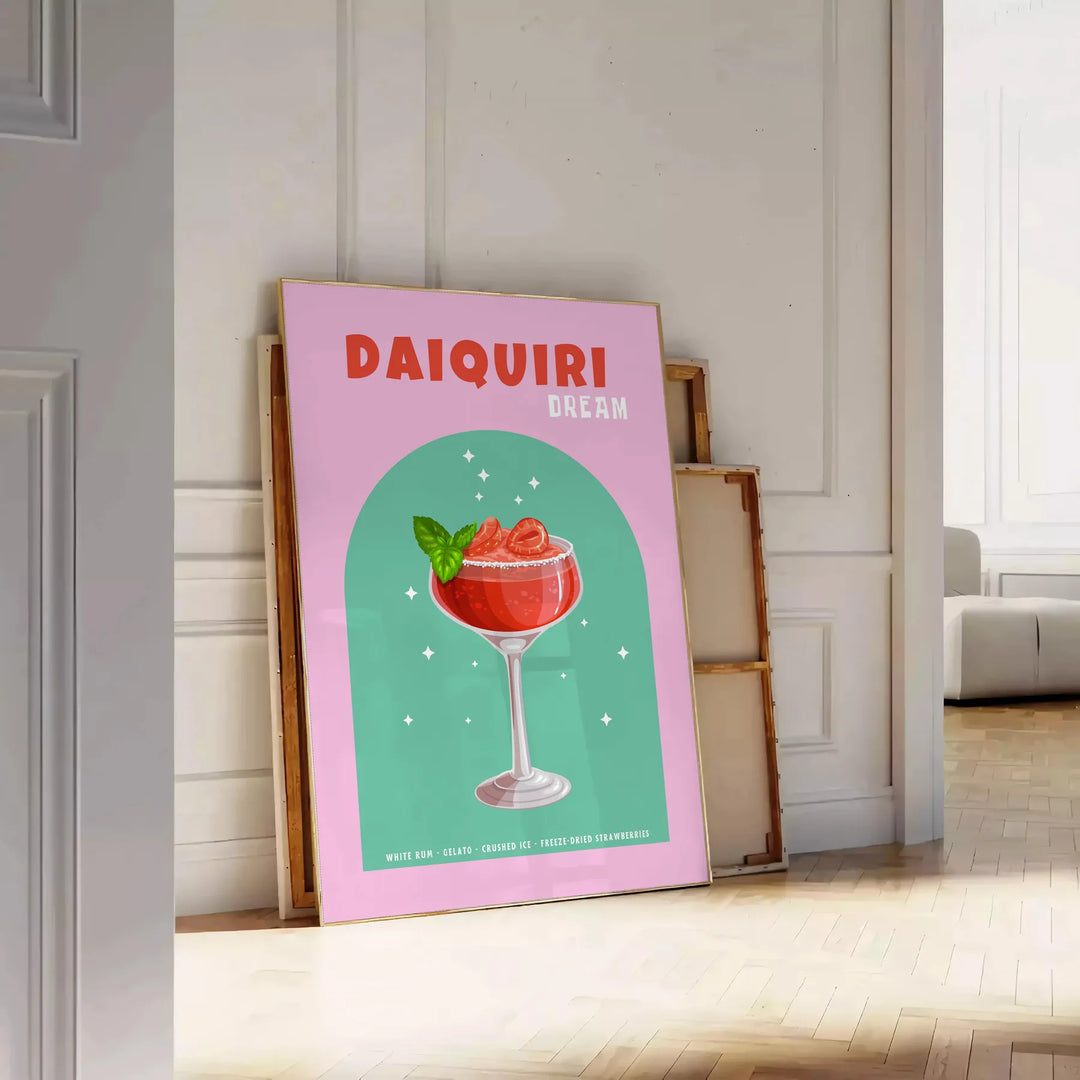 Uma ilustração colorida de um coquetel daiquiri com tons verdes e laranjas - encostado num chão de espinha contra uma parede de painéis