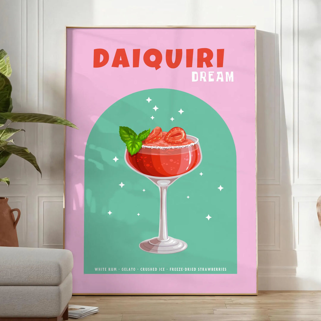 Uma ilustração colorida de um coquetel daiquiri com tons verdes e laranjas - num quarto luminoso e minimalista com planta e poltrona