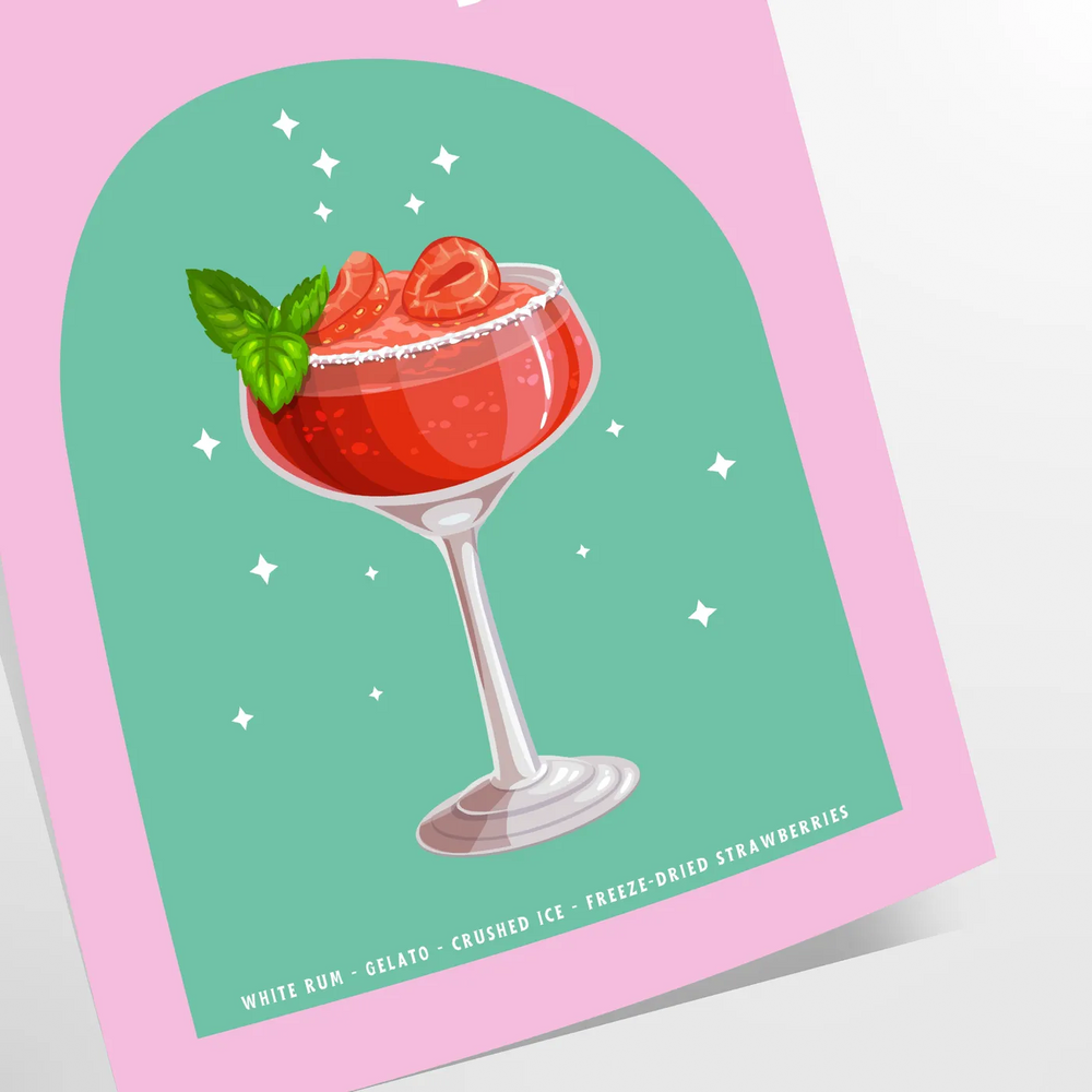 A colorful illustration of a daiquiri cocktail with green and orange hues