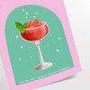 Uma ilustração colorida de um coquetel daiquiri com tons verdes e laranjas