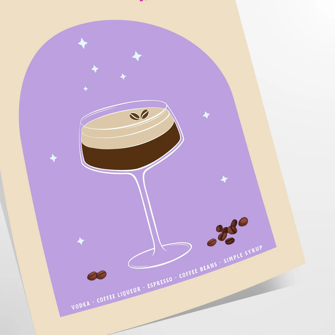 Eine ausdrucksstarke Illustration eines Espresso Martini Cocktails in blauen und lila Tönen