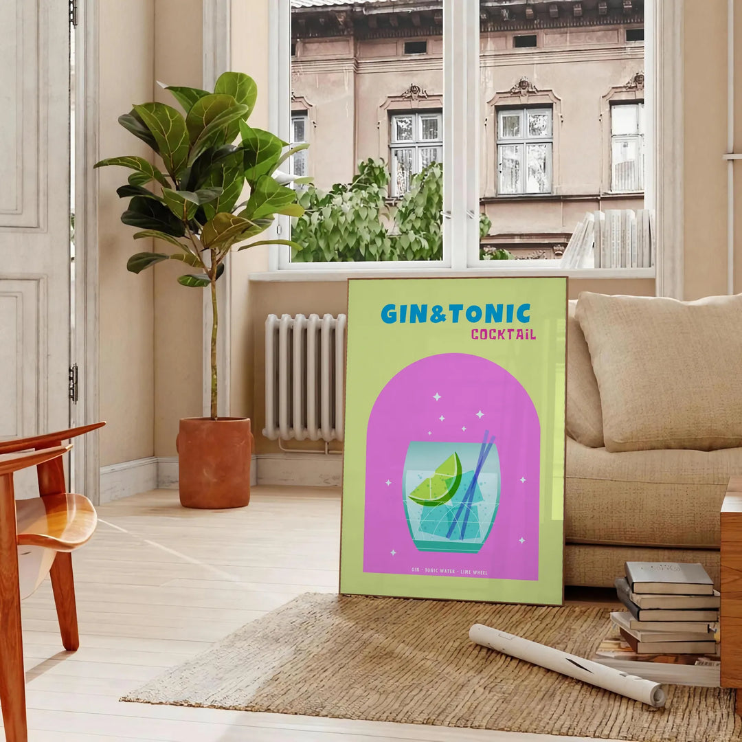 A gin and tonic cocktail in a glass with green and blue hues - in a Parisian living room with a sofa and a fig plant