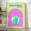 A gin and tonic cocktail in a glass with green and blue hues - in a bright minimalist room with a plant and an armchair