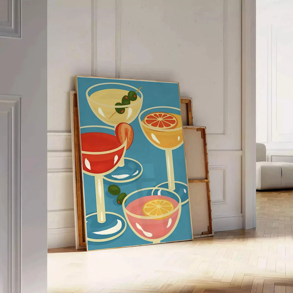 a lively cocktail party scene with warm brown and orange tones