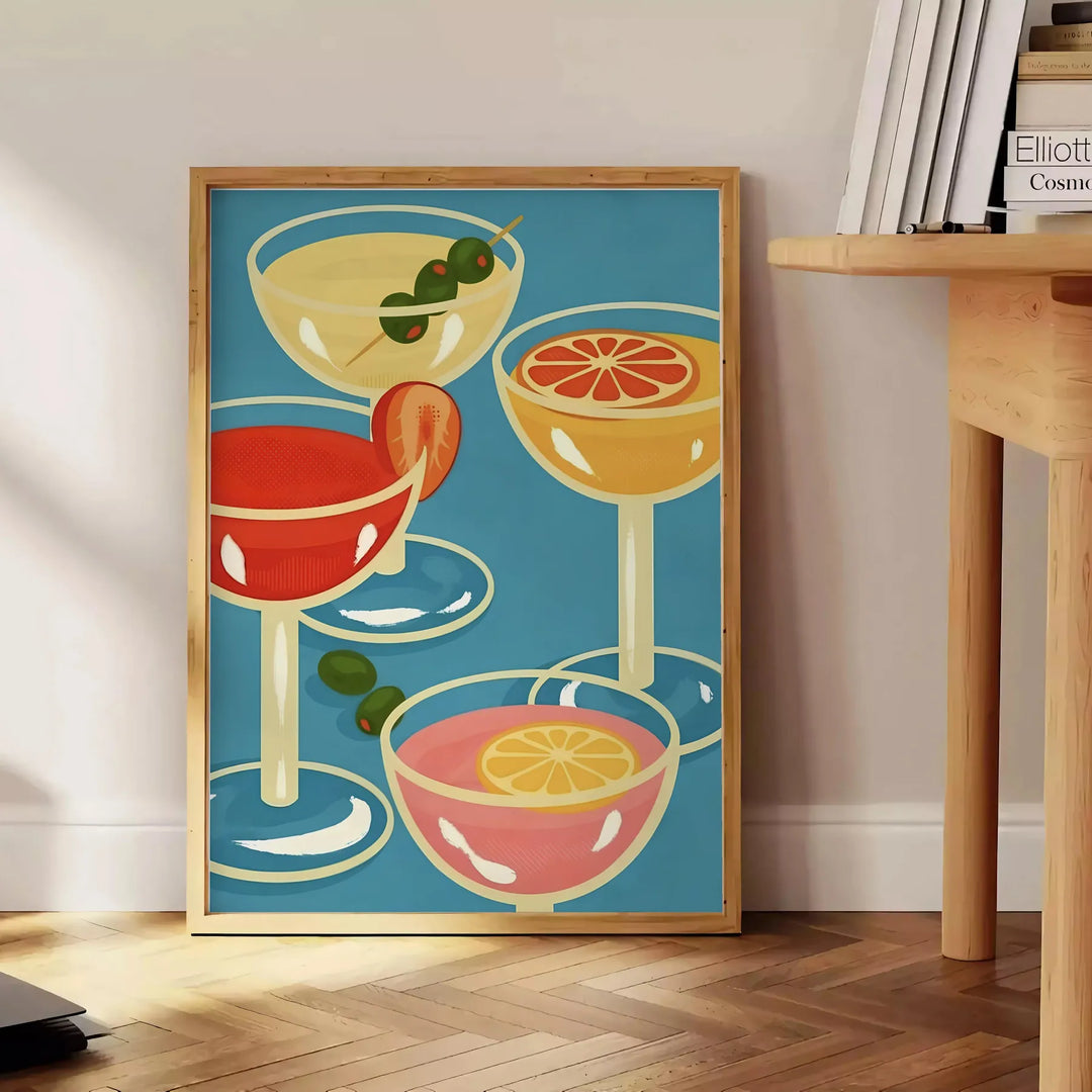 una vivace scena di festa di cocktail con tonalità calde di marrone e arancione - accanto a un tavolino rotondo in legno con libri