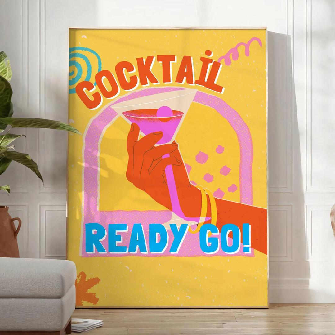 An abstract cocktail illustration with orange and blue splashes - in a bright minimalist room with a plant and an armchair