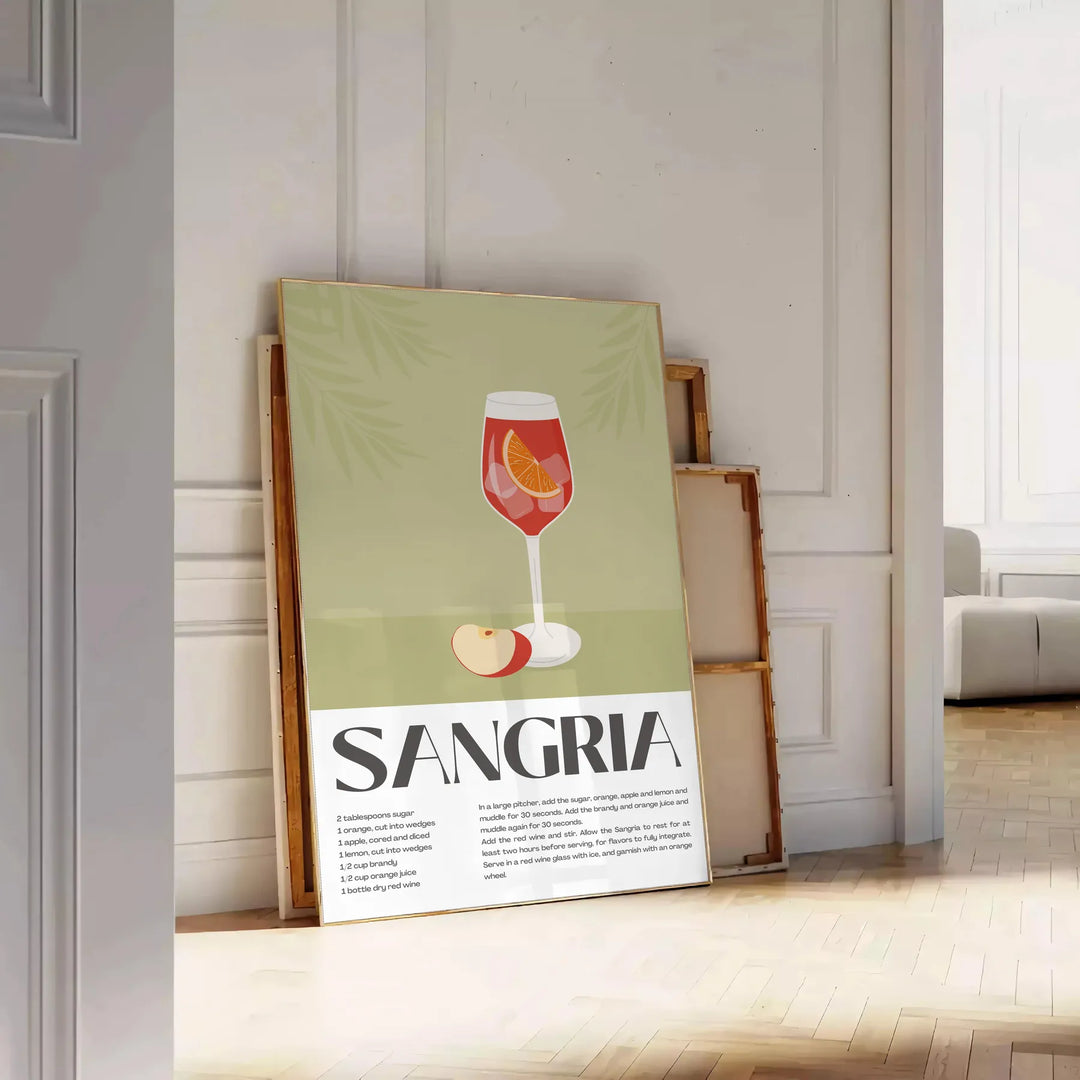Krāsains attēls ar sangrijas kokteili un augļiem, modernā stilā - atbalstīts uz skujiņas grīdas pie baltas paneļu sienas