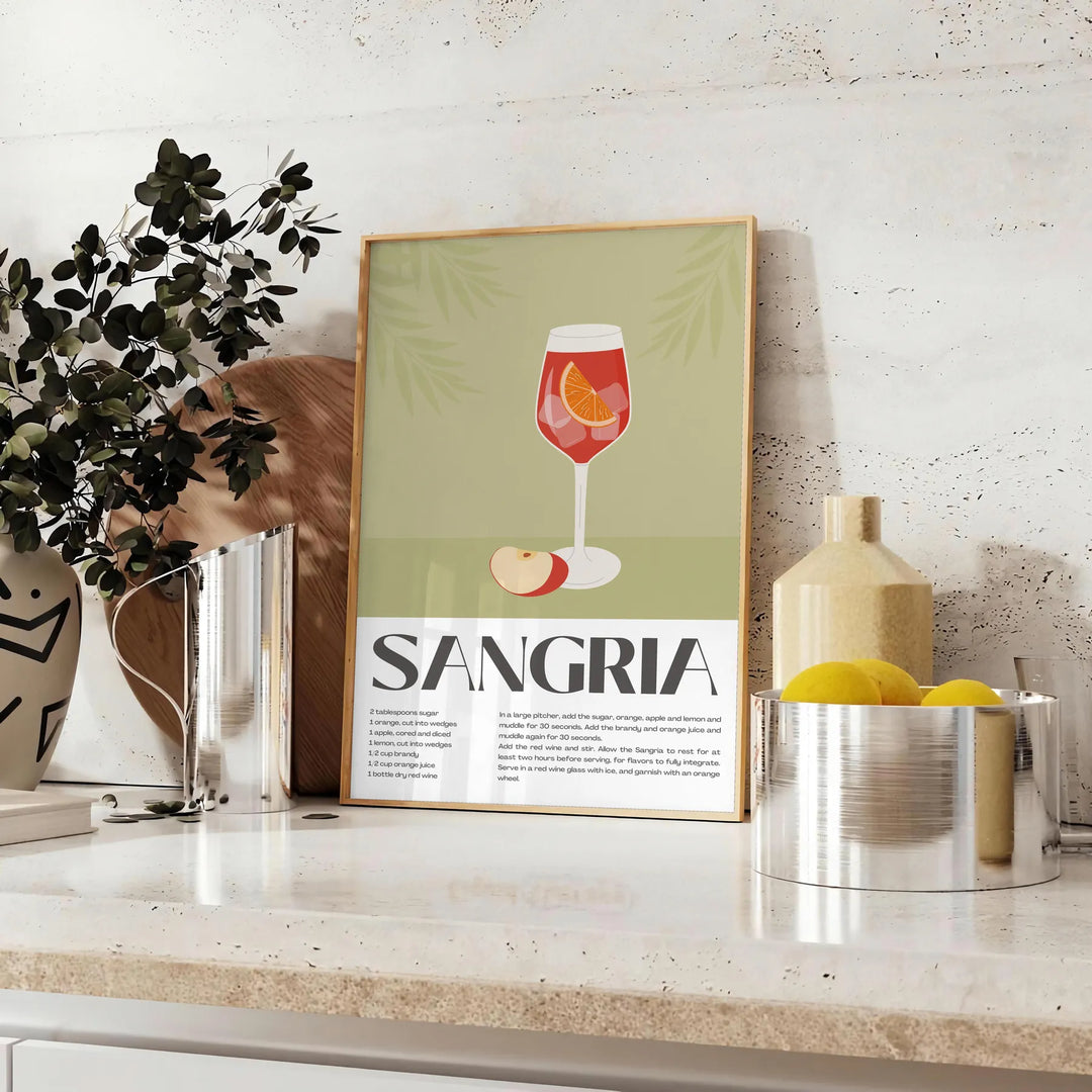 Krāsains attēls ar sangrijas kokteili un augļiem, modernā stilā - uz letes ar eikaliptu un citronu bļodu