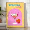 illustrazione di un cocktail Tequila Sunrise con sfumature di arancione e giallo - in una stanza luminosa e minimalista con pianta e poltrona