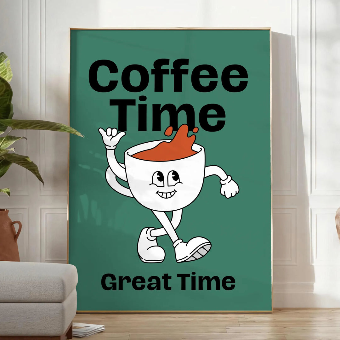 緑と青のトーンで描かれたコーヒーカップと豆のあるキッチンのシーン - 植物と肘掛け椅子のある明るいミニマルな部屋に