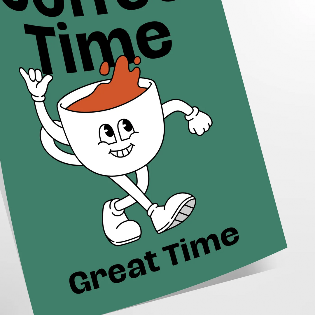 緑と青のトーンで描かれたコーヒーカップと豆のあるキッチンのシーン