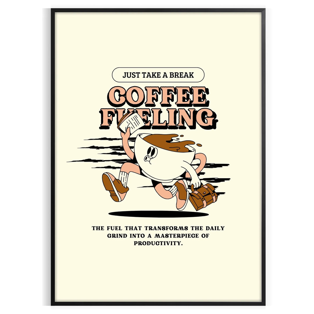A bold kitchen print featuring a coffee cup with green and black colors