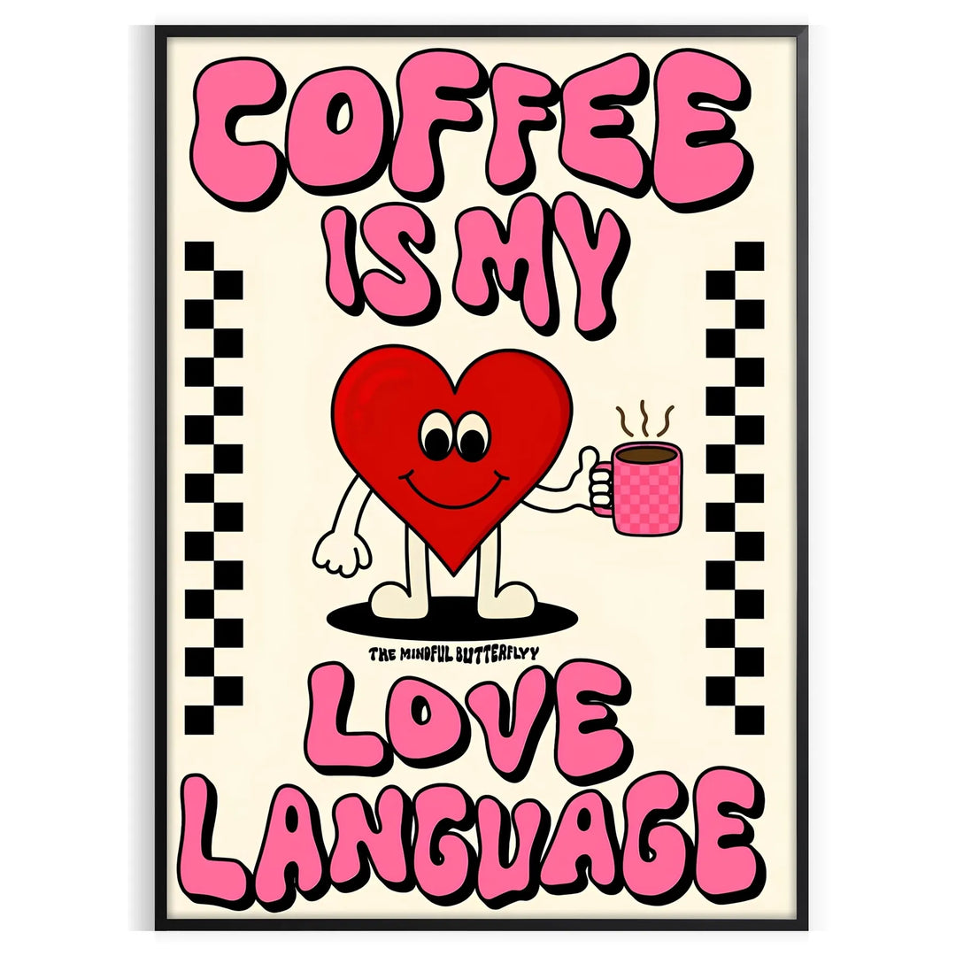 A minimalist kitchen poster featuring coffee-themed typography in black and gray tones