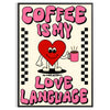 A minimalist kitchen poster featuring coffee-themed typography in black and gray tones - in a black frame