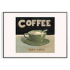 A kitchen scene featuring coffee cups and beans in green and orange tones - in a black frame