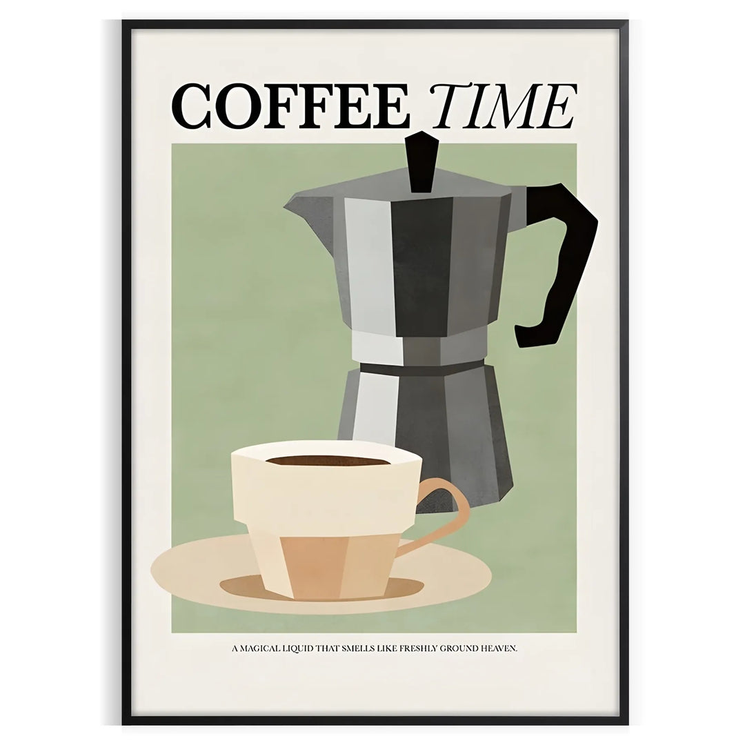 A kitchen scene featuring coffee cups and beans in a modern style with black and blue tones