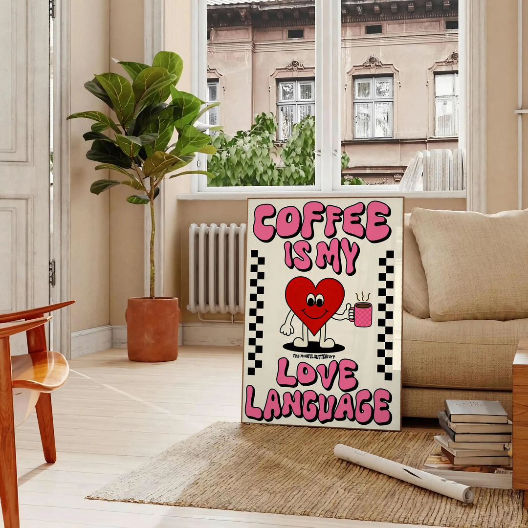 A minimalist kitchen poster featuring coffee-themed typography in black and gray tones - in a Parisian living room with a sofa and a fig plant