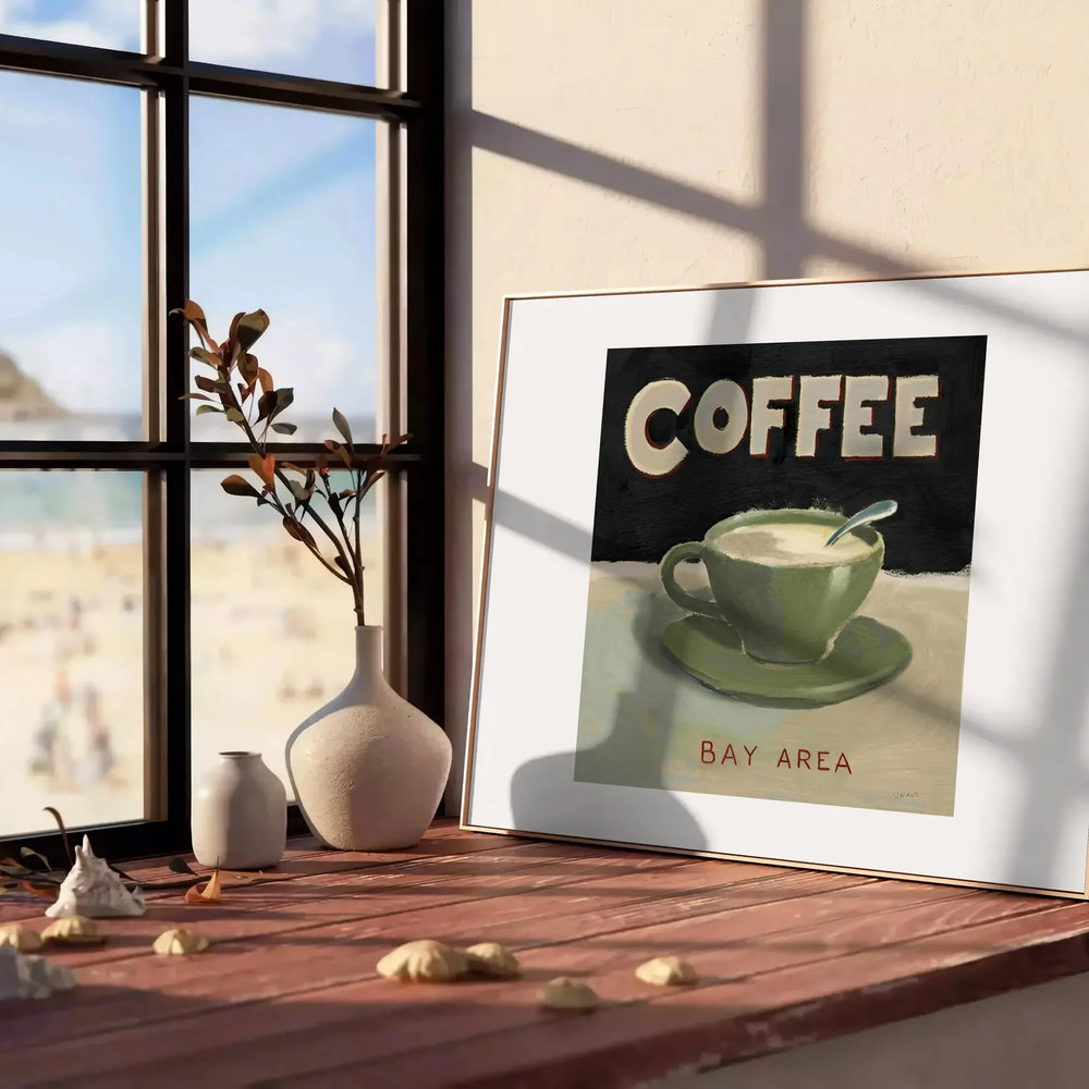 A kitchen scene featuring coffee cups and beans in green and orange tones