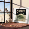 A kitchen scene featuring coffee cups and beans in green and orange tones - leaning on a herringbone floor against a white panelled wall