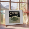 A kitchen scene featuring coffee cups and beans in green and orange tones - beside a round wooden side table with books