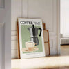 A kitchen scene featuring coffee cups and beans in a modern style with black and blue tones - leaning on a herringbone floor against a white panelled wall