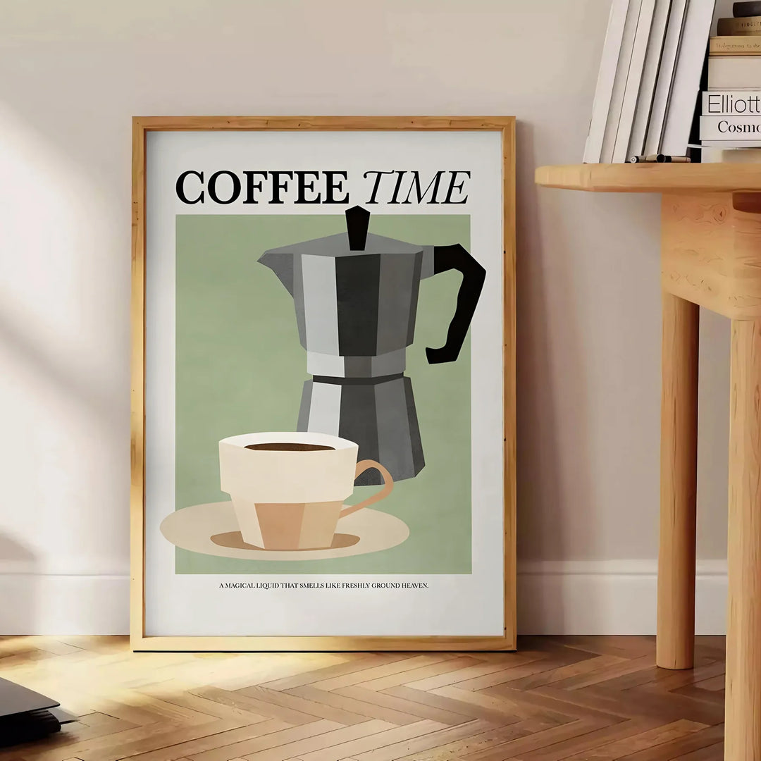 A kitchen scene featuring coffee cups and beans in a modern style with black and blue tones - beside a round wooden side table with books