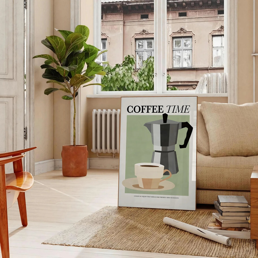 A kitchen scene featuring coffee cups and beans in a modern style with black and blue tones - in a Parisian living room with a sofa and a fig plant