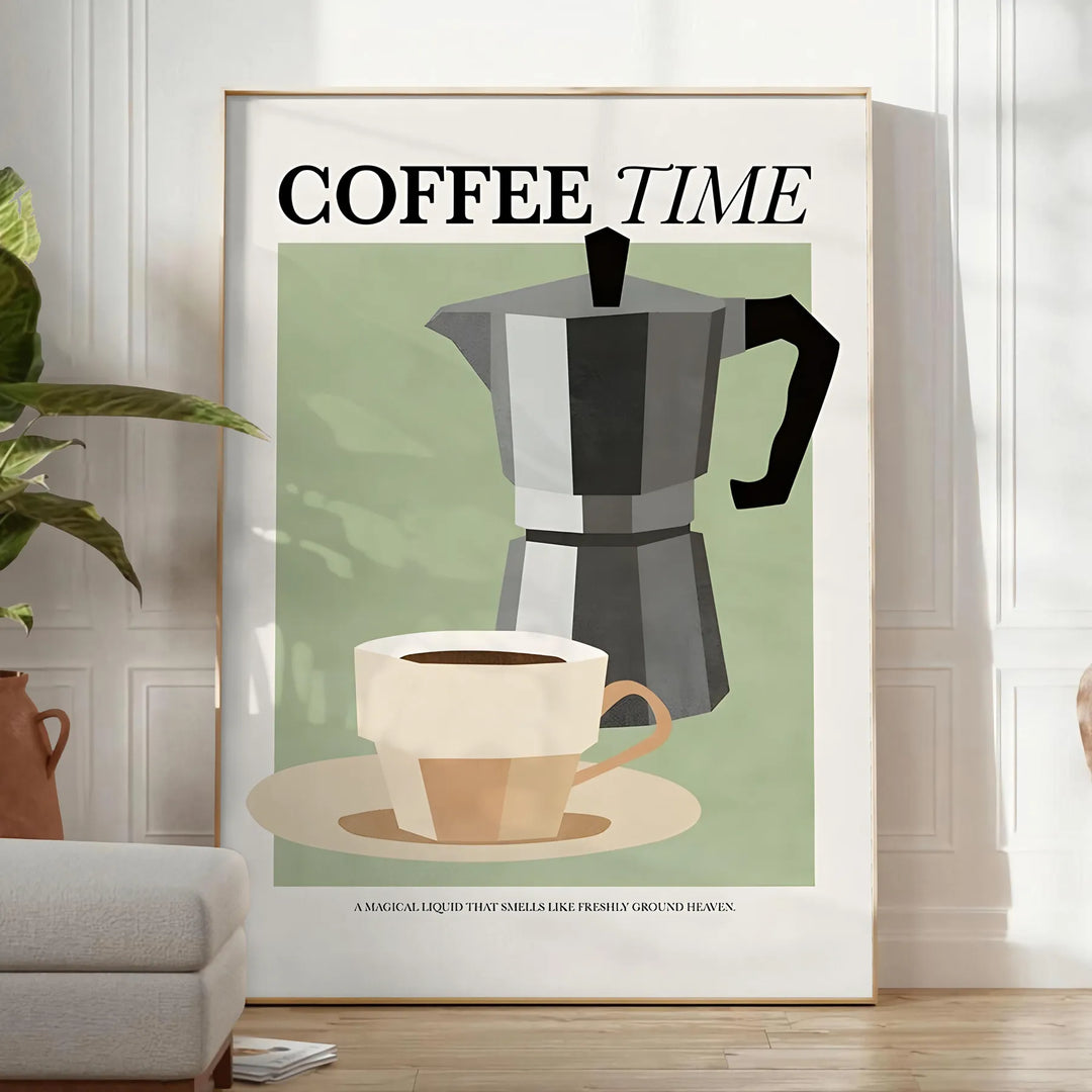 A kitchen scene featuring coffee cups and beans in a modern style with black and blue tones - in a bright minimalist room with a plant and an armchair