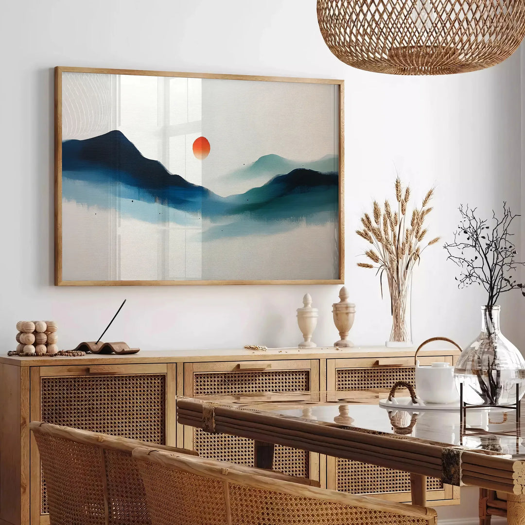Paisaje montañoso con tonos naranjas y azules en un estilo colorido - en un salón parisino con sofá y un ficus