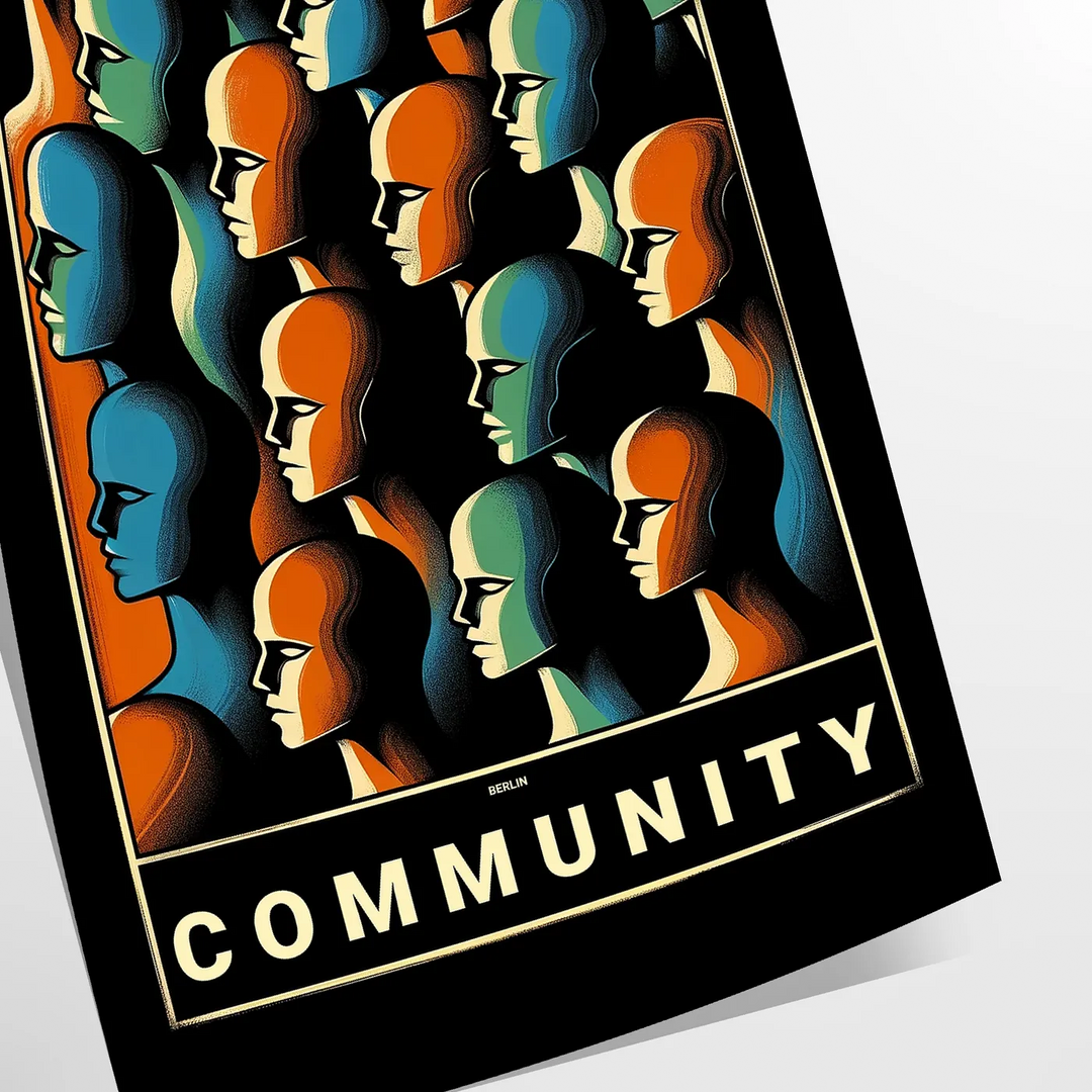 Abstract depiction of a community dance in yellow and black tones - as a rolled, unframed print