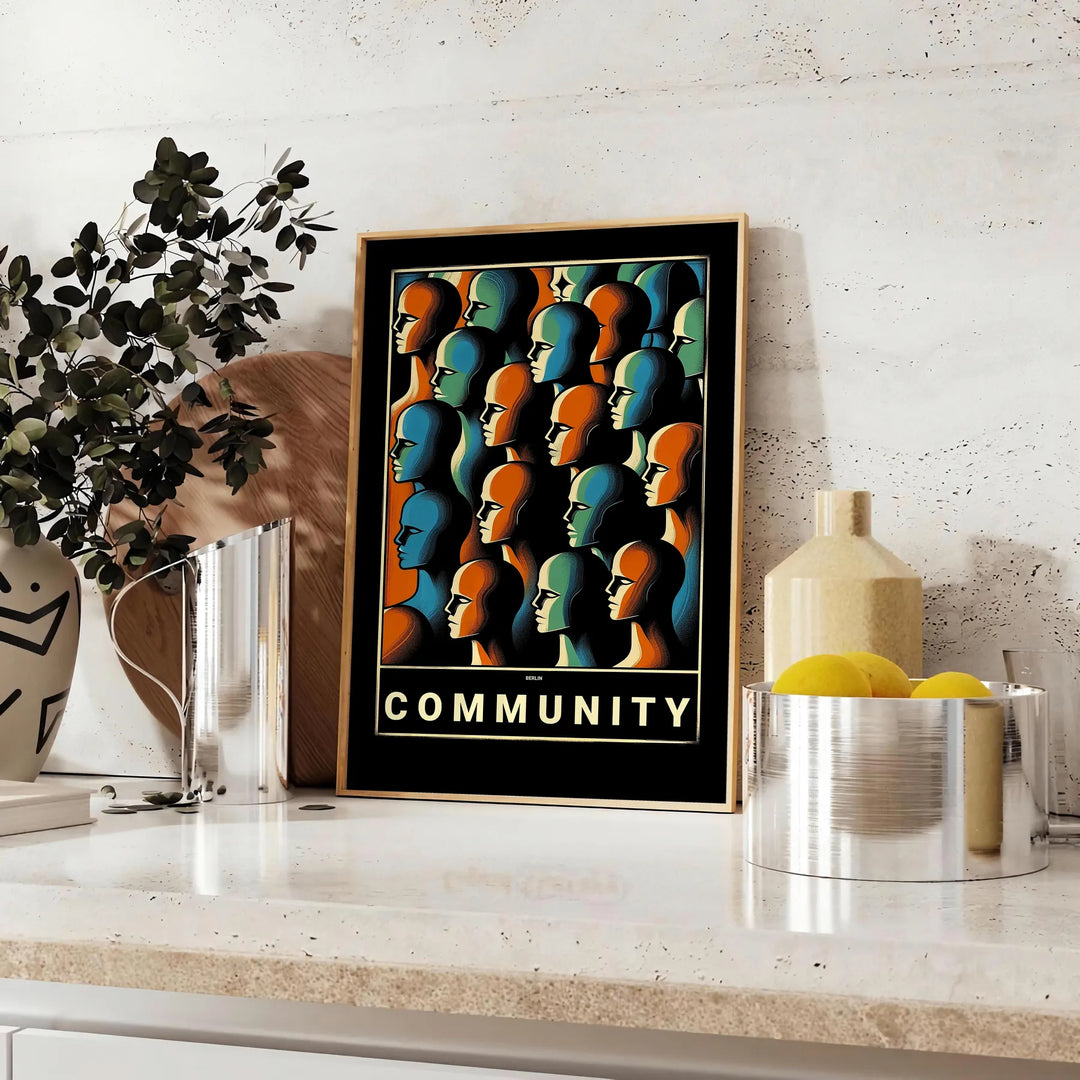 Abstract depiction of a community dance in yellow and black tones - styled on a counter with eucalyptus and a bowl of lemons