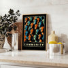 Abstract depiction of a community dance in yellow and black tones - styled on a counter with eucalyptus and a bowl of lemons