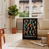 Abstract depiction of a community dance in yellow and black tones - in a Parisian living room with a sofa and a fig plant