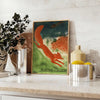 A vintage travel poster featuring communist themes in gray and brown tones - styled on a counter with eucalyptus and a bowl of lemons
