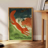 A vintage travel poster featuring communist themes in gray and brown tones - beside a round wooden side table with books