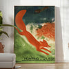 A vintage travel poster featuring communist themes in gray and brown tones - in a bright minimalist room with a plant and an armchair
