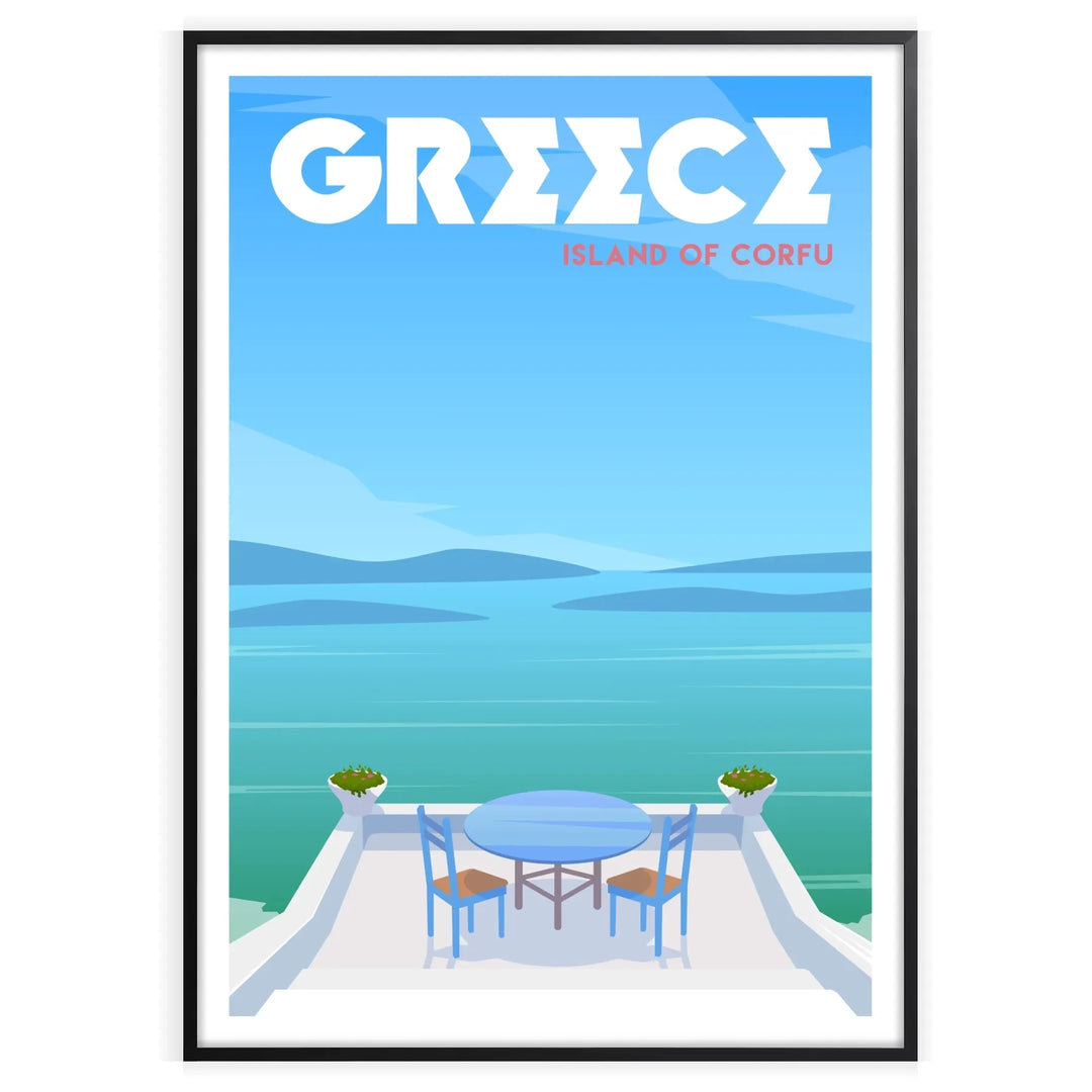 A serene landscape of Corfu, Greece, featuring soft gray and blue hues.
