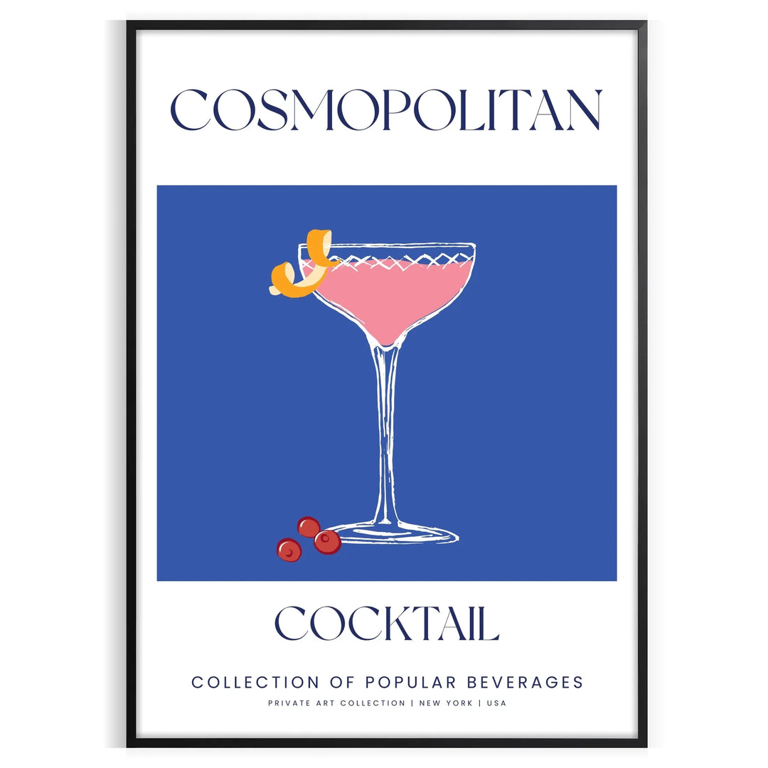 A stylish illustration of a cosmopolitan cocktail against a blue backdrop