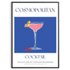 A stylish illustration of a cosmopolitan cocktail against a blue backdrop - in a black frame