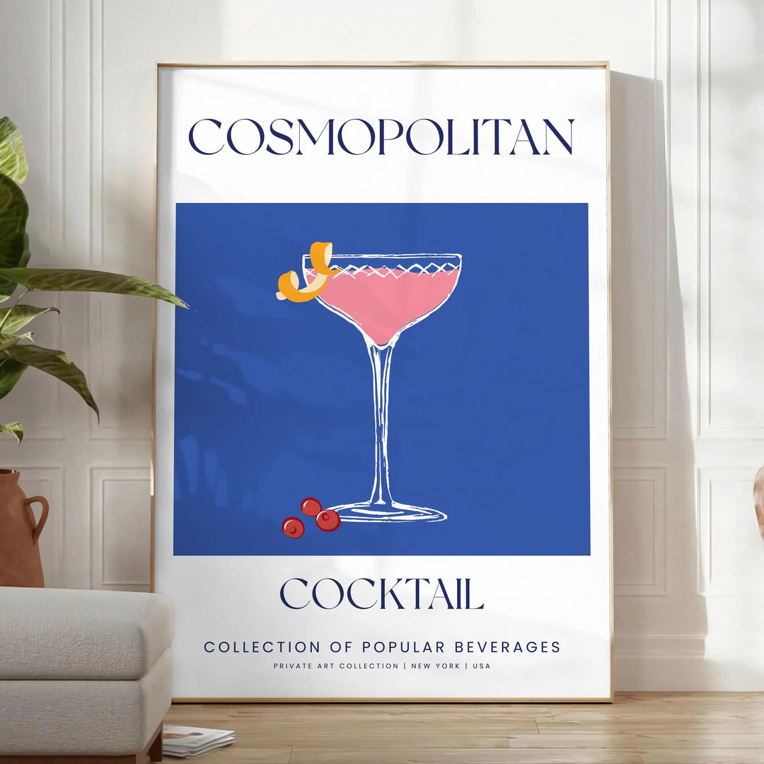 A stylish illustration of a cosmopolitan cocktail against a blue backdrop - in a bright minimalist room with a plant and an armchair