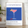 A stylish illustration of a cosmopolitan cocktail against a blue backdrop - in a bright minimalist room with a plant and an armchair
