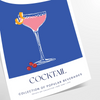 A stylish illustration of a cosmopolitan cocktail against a blue backdrop