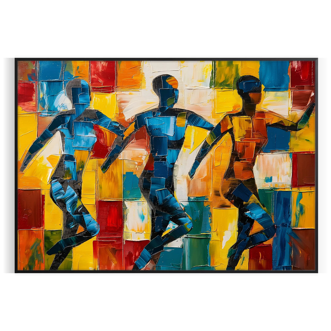 Abstract cubist composition with bold orange and blue shapes