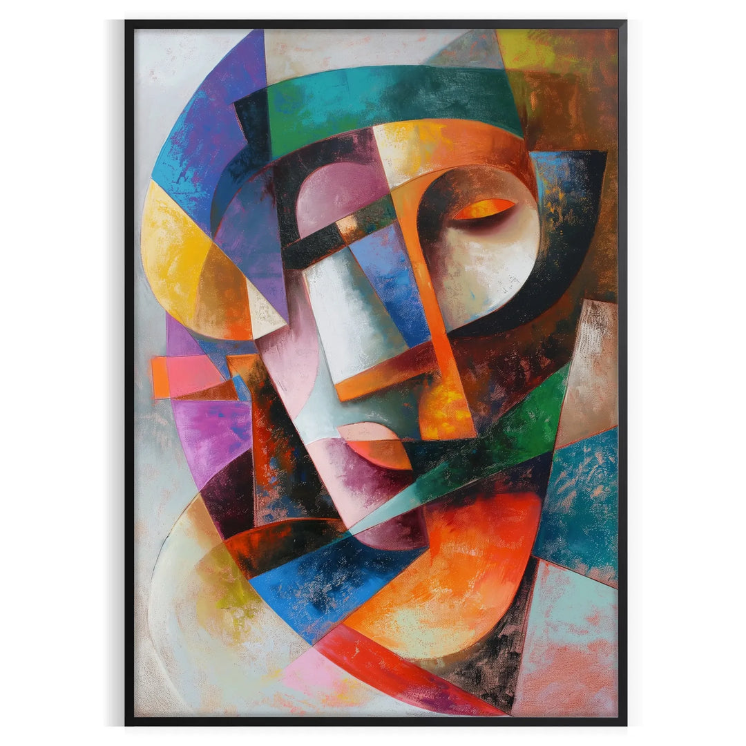 Cubist artwork featuring geometric shapes in gray and blue tones