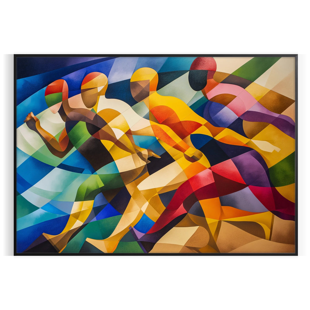 Abstract cubist composition with geometric shapes in green and blue tones